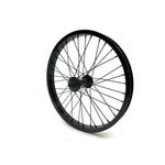 The Alienation 18 Inch Front Wheel, with black spokes and rim plus sleek BMX hubs, is positioned upright against a white background.