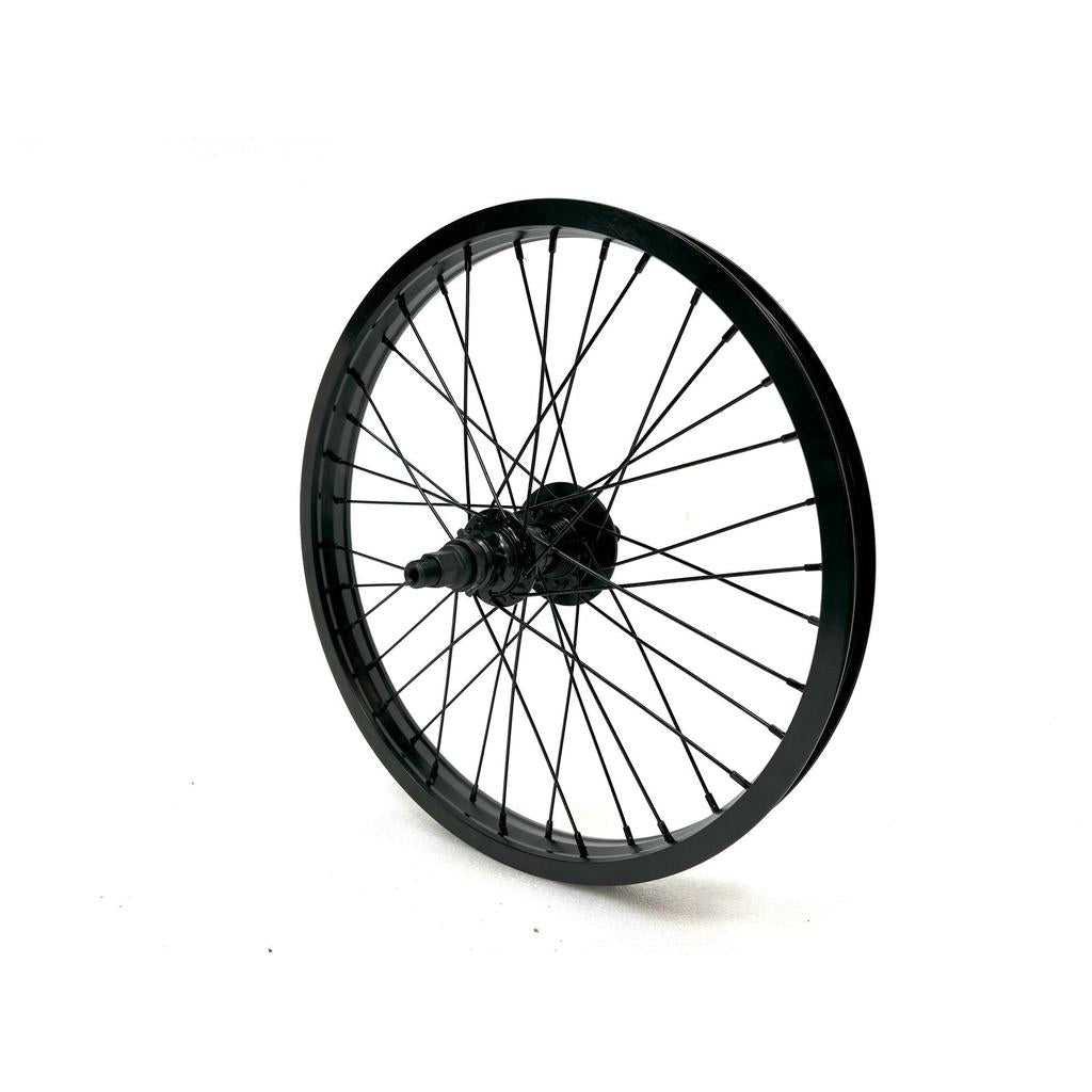 An Alienation 18 Inch Rear Wheel, featuring robust spokes and a sleek hub, stands out sharply against the white background.