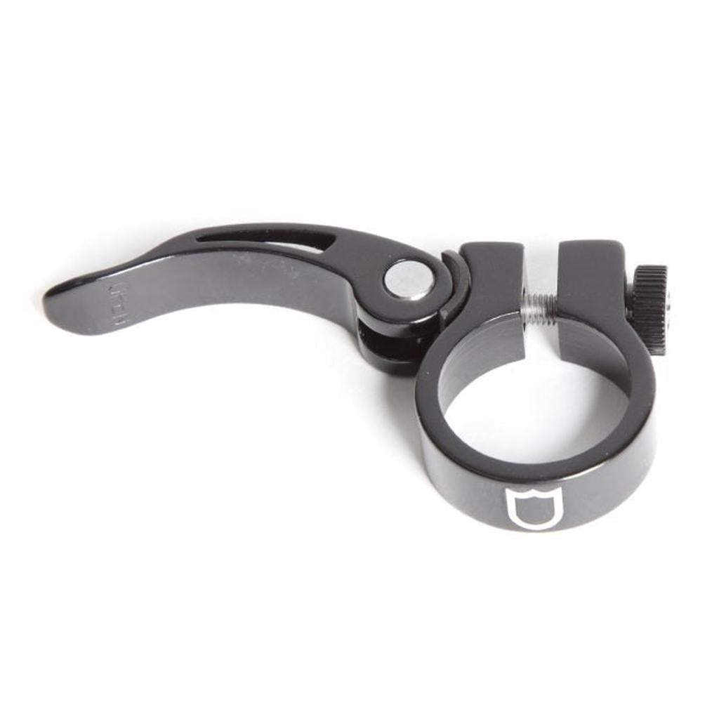 The S&M QR Seat Clamp in black, featuring a 30mm I.D. quick-release, compatible with a 27.2mm seatpost, is showcased on a white background.