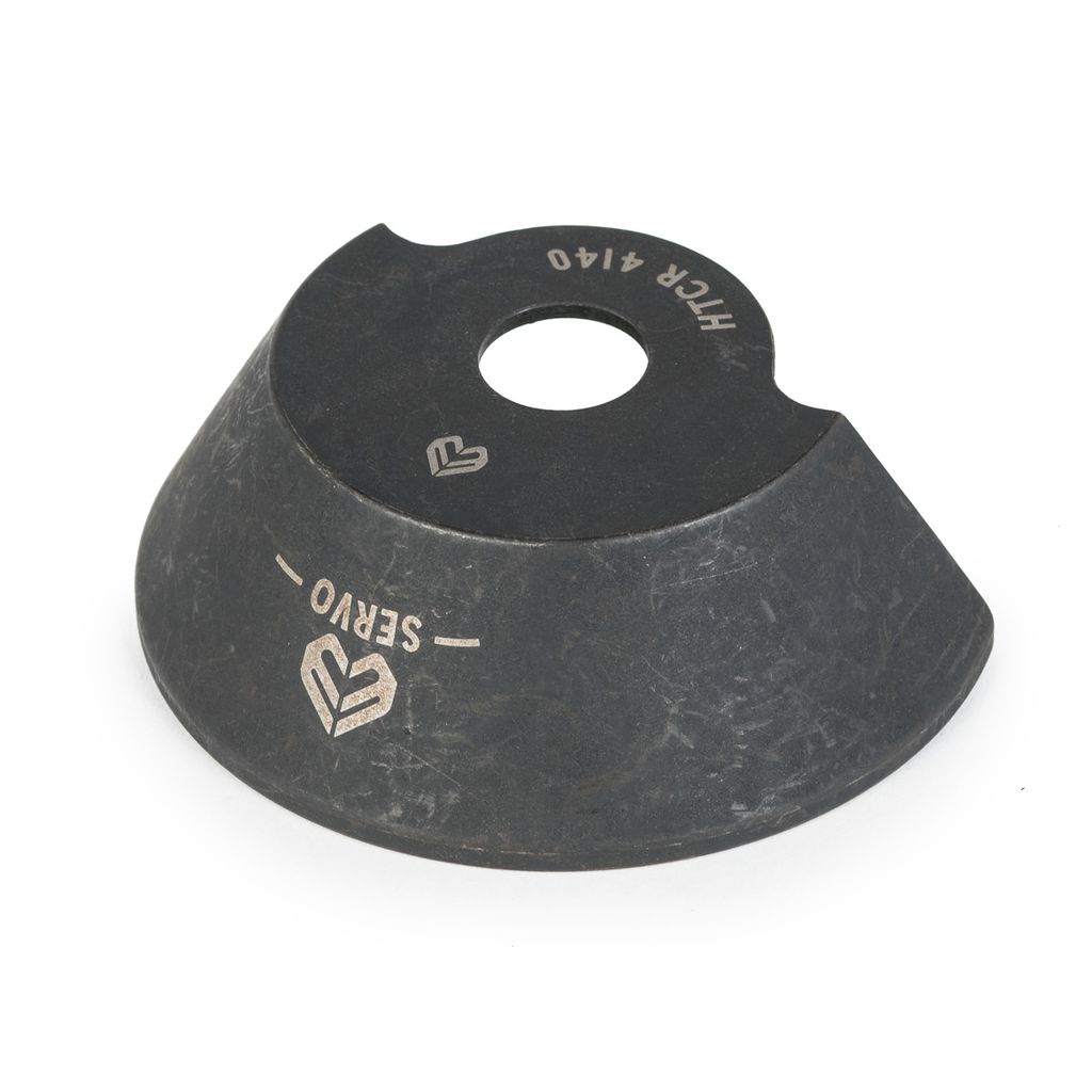 A black, dome-shaped metal object with a central hole and engraved logos, labeled "Eclat Servo Universal Driver Side Hub Guard," featuring CNC machined precision.