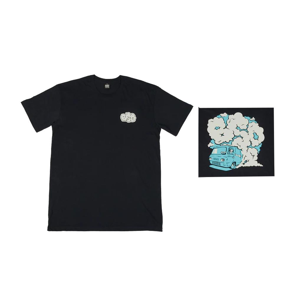 The BSD Burnout T-Shirt is a black tee made from lightweight cotton, featuring a small front BSD logo and a large back image of a blue van in white smoke.