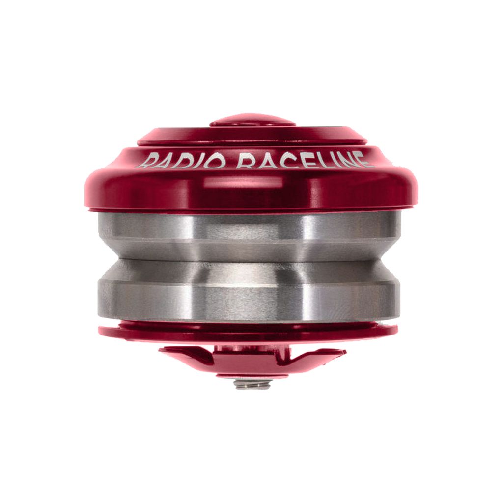 A red and silver cylindrical Radio Raceline 1-1/8 Inch Integrated Headset with "Radio Raceline" engraved on the top section, featuring high-precision bearings for smooth performance.