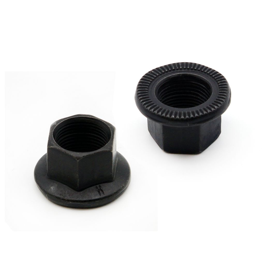 A pair of black DRS Axle Nuts 14mm from the 10-pack set displayed on a white background, one standing upright and the other lying on its side.