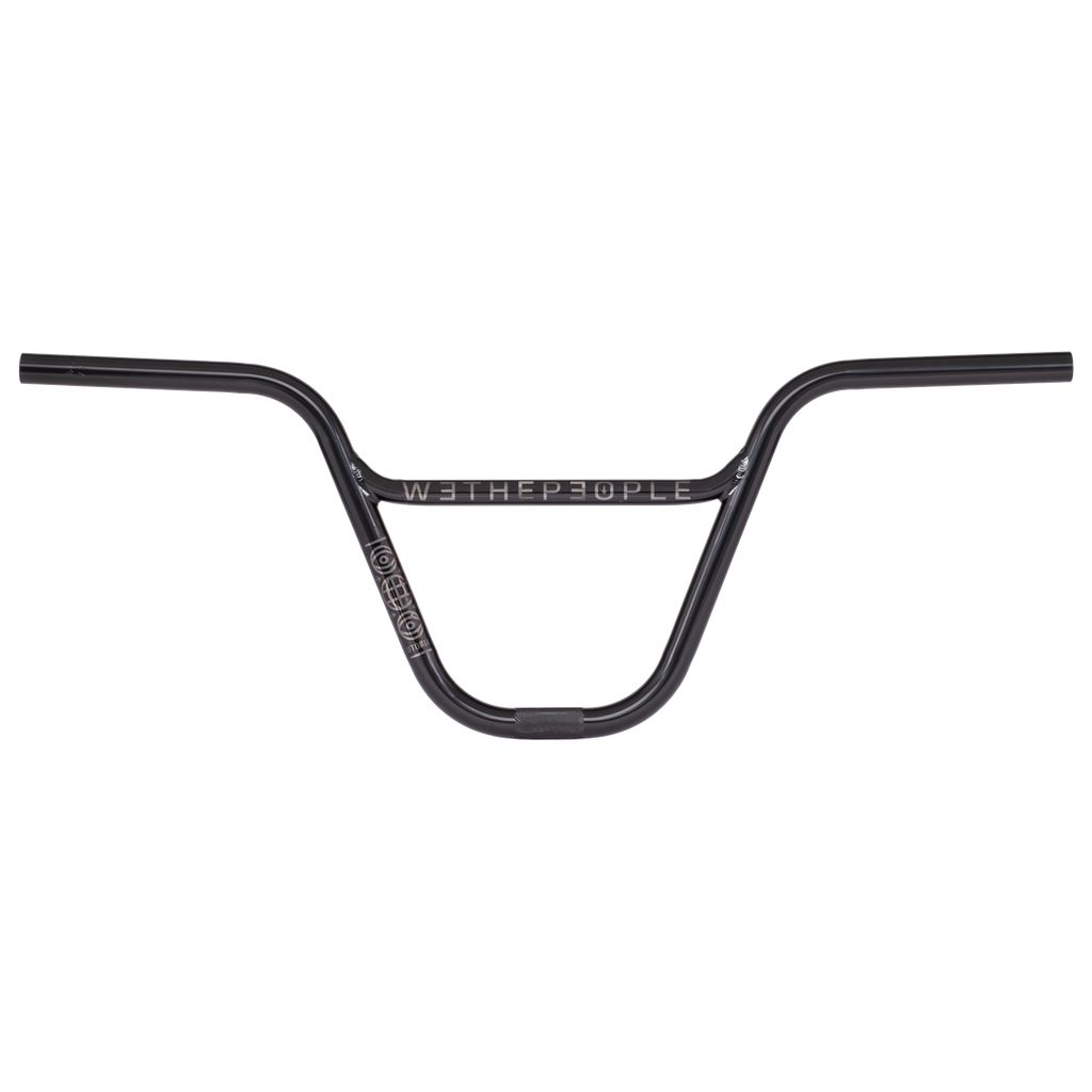 The Wethepeople Utopia Handlebar is a black BMX handlebar with a kinked crosstube, prominently displaying the "WETHEPEOPLE" text on the front, meticulously designed for flatland enthusiasts who prioritize precision and style.