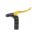 The Odyssey Monolever Medium Lever is a black and gold bicycle brake lever showcasing a sleek, lightweight design with an Odyssey branding. It includes a hinged clamp for easy installation.