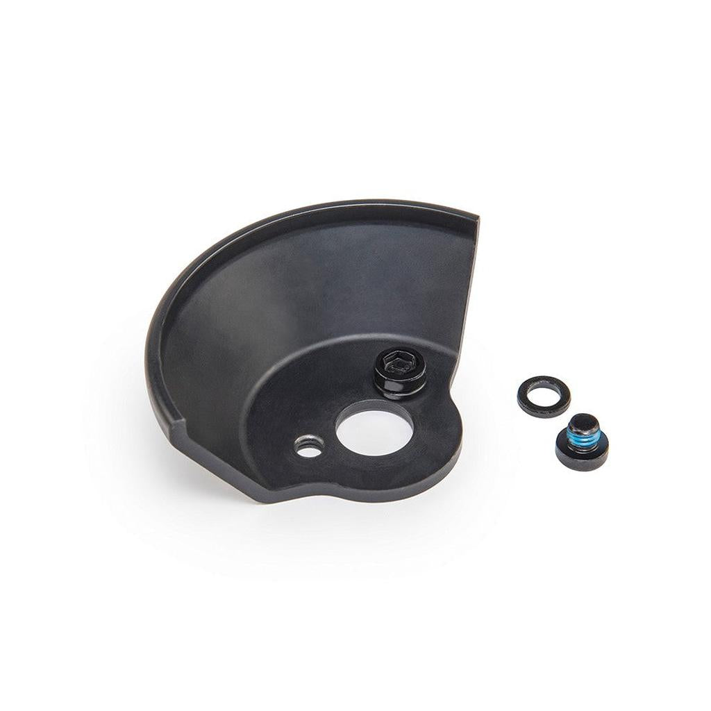 The Eclat Overguard Steel Universal 14mm Hub Guard, precision-engineered like a CNC-machined part, is a black semicircular plastic component with two holes. It includes a matching black screw and washer, serving as a universal hub guard for enhanced durability.