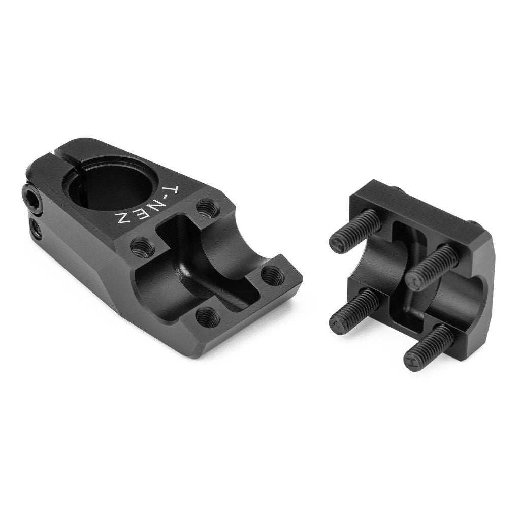 Two Cinema Martinez Stem parts, crafted from sturdy 6061-T6 aluminum with multiple screw holes and bolts, are positioned against a white background.