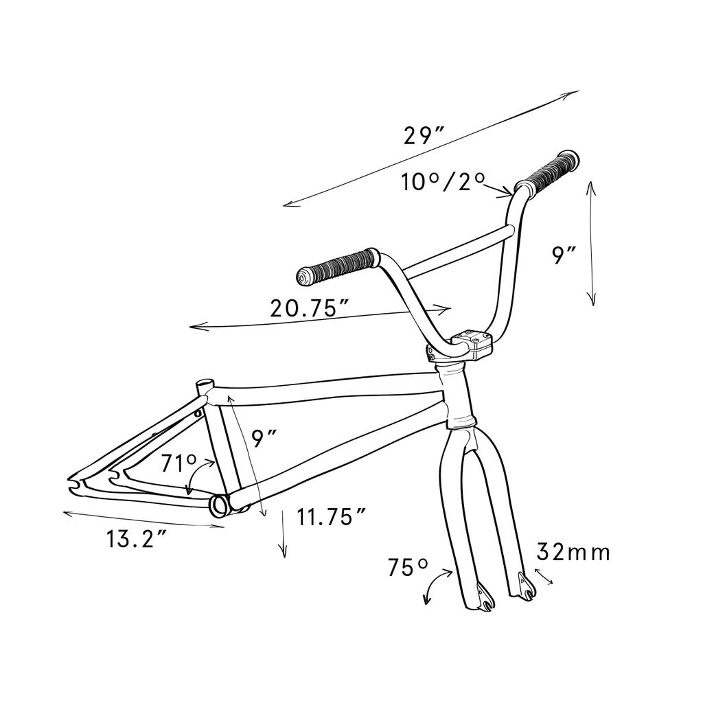 Diagram of the Fly Bikes Neutron 20 Inch bike featuring a CrMo frame with precise dimensions: 29", 20.75", 13.2", and 11.75". It includes handlebars standing at 9" and a fork width of 32mm, enhanced by angles of 100°, 20°, 71°, and 75° for optimal performance.