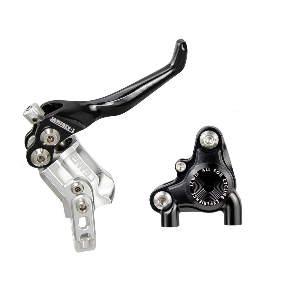 The Lewis LV2 Flat Mount Disc Brake (BMX Edition) features a black and silver brake lever and caliper set, crafted with CNC machining for precision. This ultralight design is displayed on a white background.