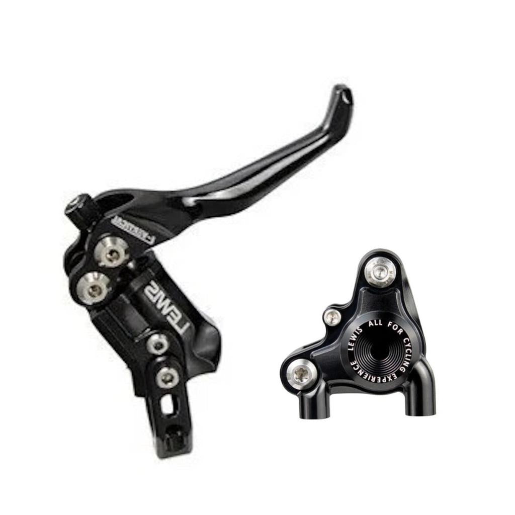 The Lewis LV2 Flat Mount Disc Brake (BMX Edition) features a black brake lever and caliper set, visible silver screws, engraved text on the caliper, and an ultralight design for precise braking and optimal performance while maintaining a sleek appearance.