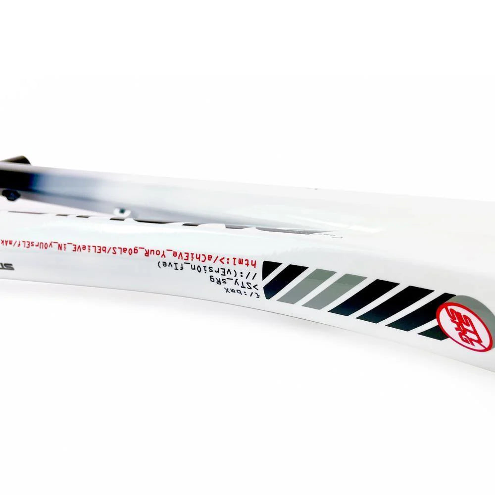 Close-up of the side of a white Staystrong V5 Disc Pro XXL Frame with text and grey diagonal lines, designed with durability akin to 6061 alloy tubing.