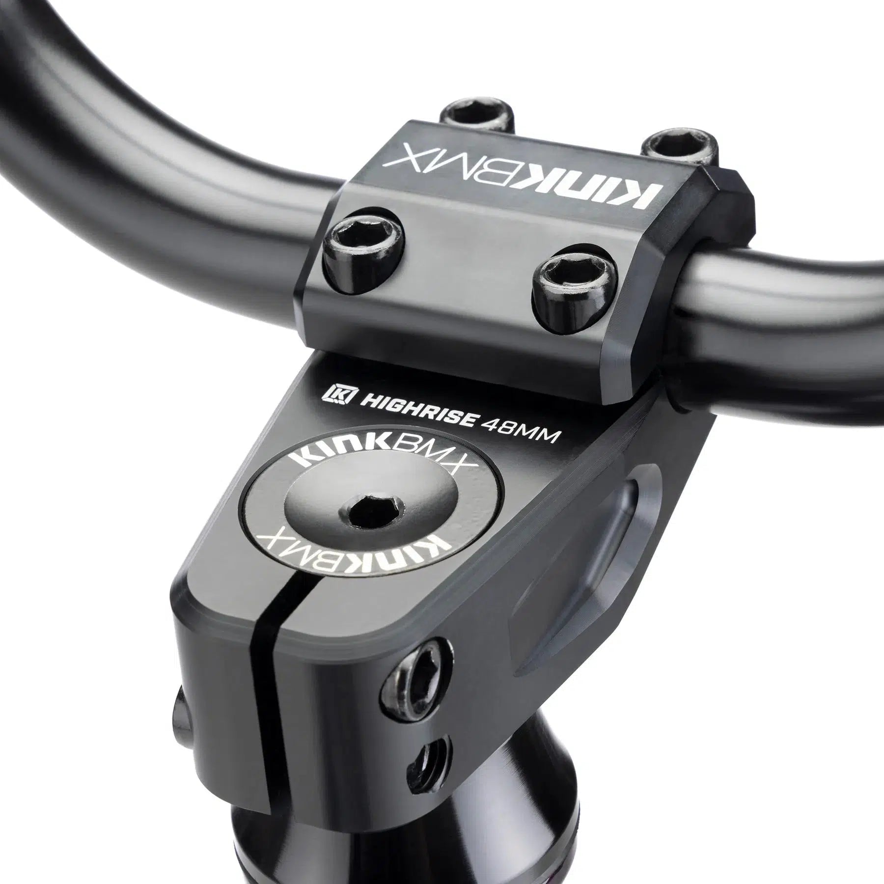 Close-up of a handlebar stem on the Kink Downside 20 Inch Bike featuring modern geometry, with "Kink BMX" and "Highrise 48MM" markings. Four bolt heads securely fasten the handlebars, showcasing high-quality aftermarket parts.