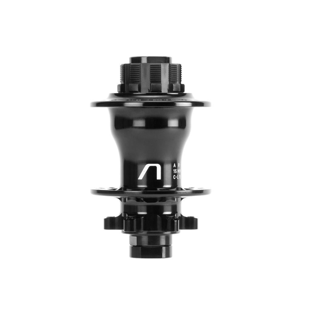 The Arise Echo Disc Rear Hub is a black, glossy-finish hub with flanges and an axle, adorned with a logo on one side. This lightweight design features a double ratchet system for enhanced performance, elegantly showcased on a white background.