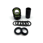 A set of Salt Plus Echo Euro BB Set parts, including two threaded pieces labeled "left" and "right," a cylindrical spacer, and several washers. Designed for threaded Euro bottom bracket frames and compatible with 19mm or 22mm crank spindles.