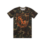 The S & M Big Shield T-Shirt features a bold, oversized shield design with a bright orange "S&M American Bicycle Co" logo, crafted from premium 100% combed ring-spun cotton for a comfortable and stylish look in a striking camouflage pattern.