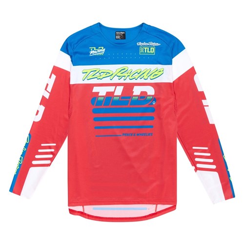 The TLD 25.1 Sprint Jersey / Fifty-50 Fiery Red showcases a red, blue, and white long-sleeve design with "TLD Racing" and graphic stripes, perfect for race weekends. Enjoy the quality synonymous with Troy Lee Designs.