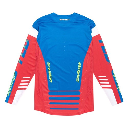 The back of the TLD 25.1 Sprint Jersey in Fifty-50 Fiery Red displays blue, red, and white panels with "SPRINT" on top and yellow text on the side and back. Ideal for race weekends or adding Troy Lee Designs style to your look.