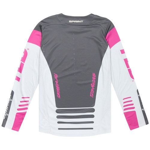 The TLD 25.1 Sprint Jersey / Fifty-50 Chalk by Troy Lee Designs features a dynamic mix of white, pink, and dark gray with bold "Sprint" text and graphic designs on the sleeves and back, perfect for race weekends.