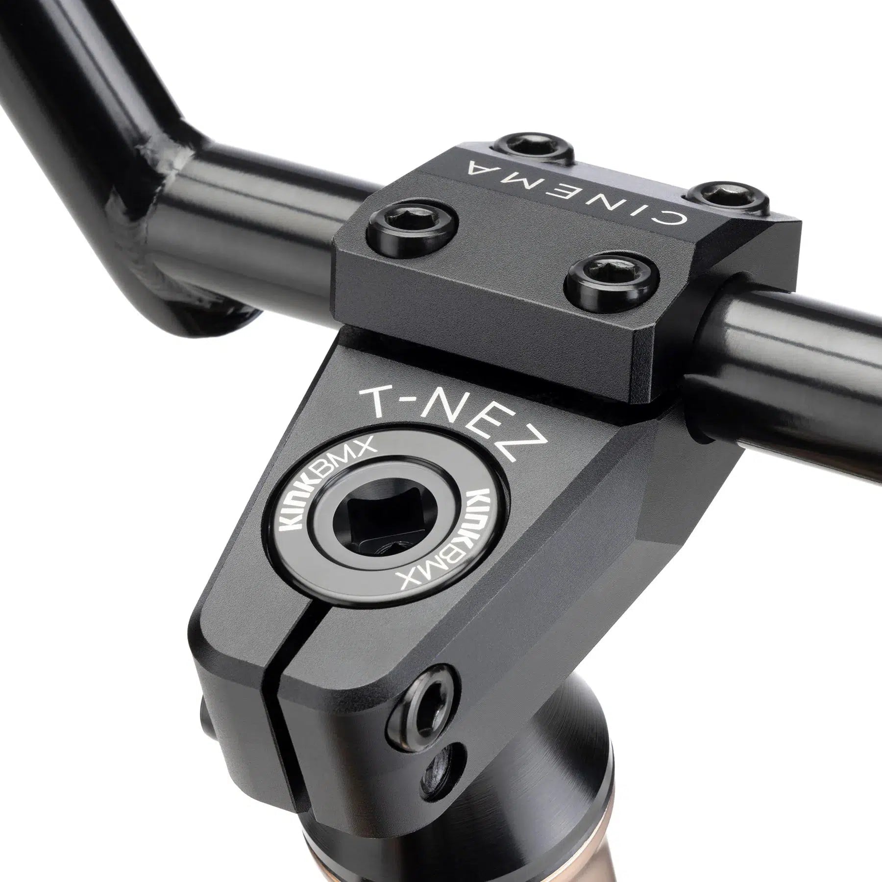 Close-up of a Kink Williams 20 Inch Bike stem and handlebars, showcasing the black metal construction and labeled "CINEMA." Four bolts secure the handlebar to the stem, reflecting the precision you'd expect from Nathan Williams' signature BMX bike.