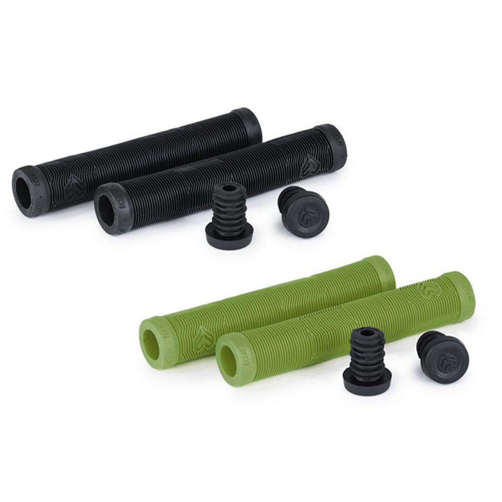 The image shows two pairs of Eclat Pulsar Grips with end caps: one sleek black and one vibrant green. Made from durable ODI rubber, these mushroom-style grips enhance comfort and control during rides.