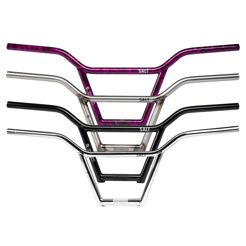 Introducing the Salt Classic 4 Piece Bars, available in an array of colors: purple, silver, black, and chrome. Each handlebar features a unique crossbar design that embodies timeless style paired with sturdy construction. Perfect for those looking to combine classic aesthetics with durability, you can choose from sleek options like the 4-piece bar or the robust chromoly bar.