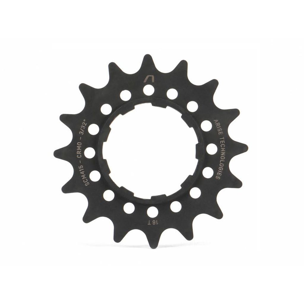 The Arise Echo Cog (Chromoly) is a black metal sprocket with 16 teeth, engraved with "ABUS TECHNOLOGIES" and other specifications. Meticulously CNC machined, it offers precision and durability similar to Shimano HyperGlide standards.