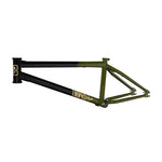 A Fit Bike Co Shortcut Frame with a gradient finish transitioning from black at the front to green at the back. The responsive frame features a logo in yellow, perfect for tech riders looking to stand out.