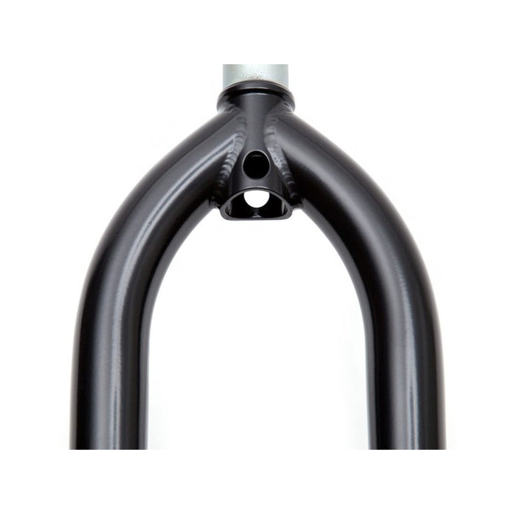 Close-up of a black BMX fork with a silver steerer tube from the S&M Widemouth 20 Inch Forks collection, featuring a hole in the arch.