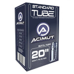 A dark blue box with white text displaying "CST ACIMUT 20 Inch Presta Valve Tube", "Standard Tube", and "Butyl Tube". The box specifies "20”×1.75/2.125" and includes a small image of a metallic valve length 48mm on the right side, indicating it's a durable bike tube.