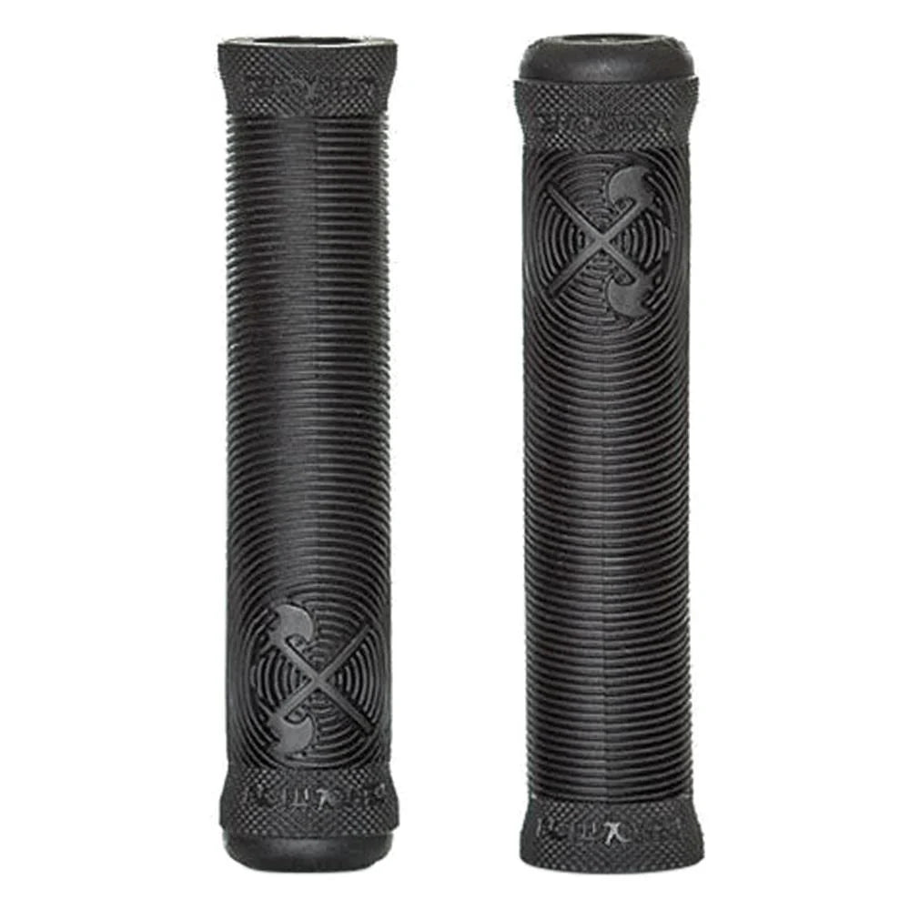 The Demolition Axes Grip features two black cylindrical bike grips with a textured surface and a cross emblem, expertly crafted with a soft compound to provide ultimate comfort.