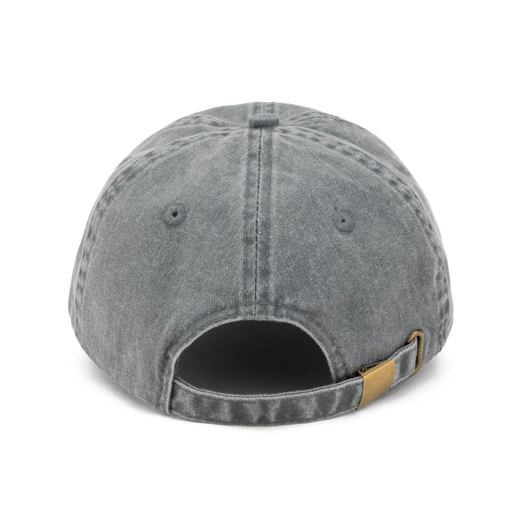 Back view of the Cinema Throwback Cap in weathered gray, featuring an adjustable strap and made from durable cotton twill.