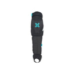 The Fuse Echo 125 Knee/Shin/Ankle Combo Pads (Pair) are protective sports gear in black with turquoise accents, designed as a long, padded cover that features adjustable straps for a secure fit and sections for flexibility and superior impact absorption.