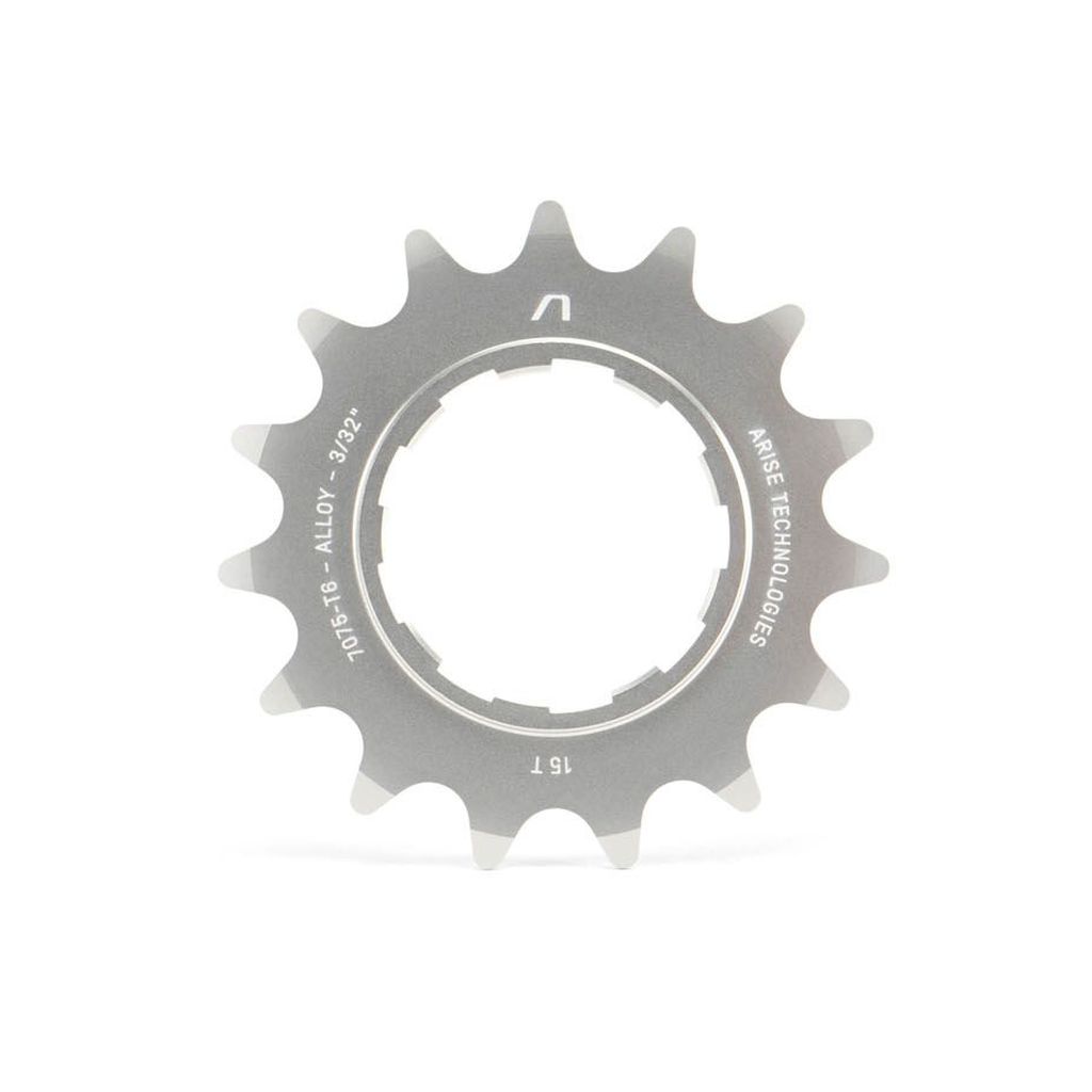 The Arise Echo Cog (Alloy) is a silver 15T bicycle sprocket, CNC machined from durable 7075-T6 Aluminium, featuring engraved text like "ALLOY" and "ARISE TECHNOLOGIES," and is compatible with Shimano HyperGlide systems.