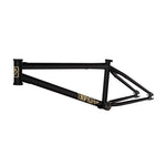 Black Fit Bike Co Shortcut Frame with gold graphics, including a logo on the head tube and text on the side. This responsive frame showcases the head, top, down, and seat tubes, along with chainstays and seat stays—perfect for tech riders seeking precision.