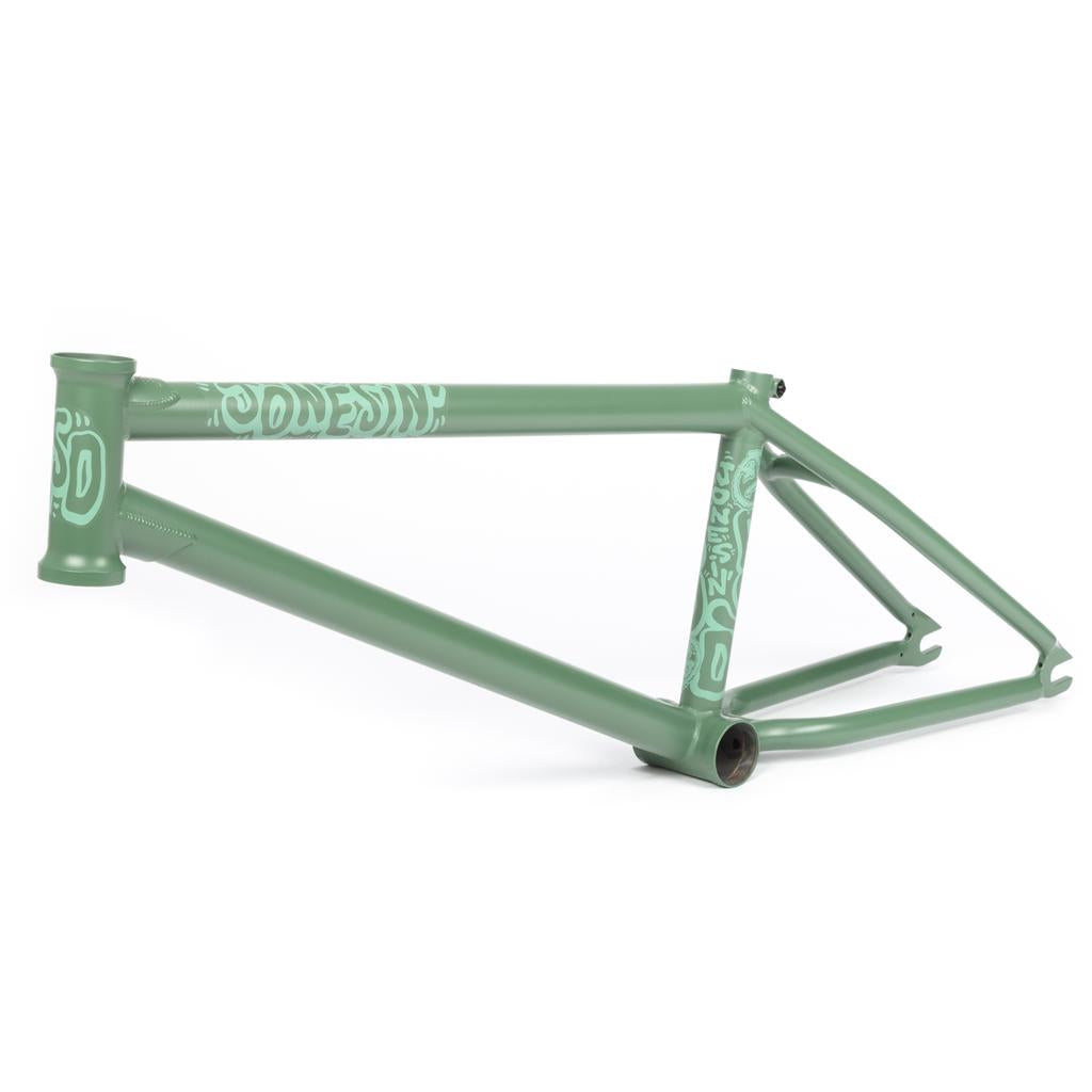 The BSD Jonesin Frame (2021) features modern street geometry with a vibrant green design highlighted by edgy white graffiti text on the top and down tubes against a crisp white background.