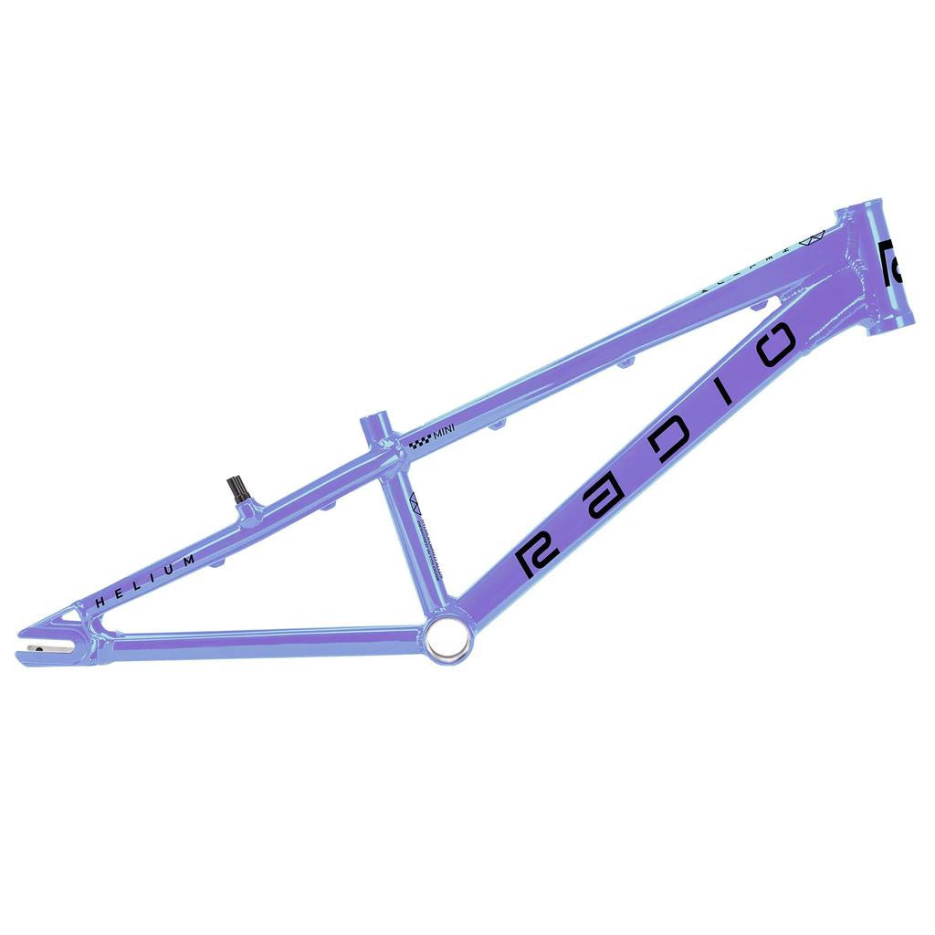 The Radio Raceline Helium 2025 Mini Frame is a purple BMX frame made from lightweight hydroformed 6061 alloy tubing, showcasing "Radio" on the side and "Helium" near the seat post.