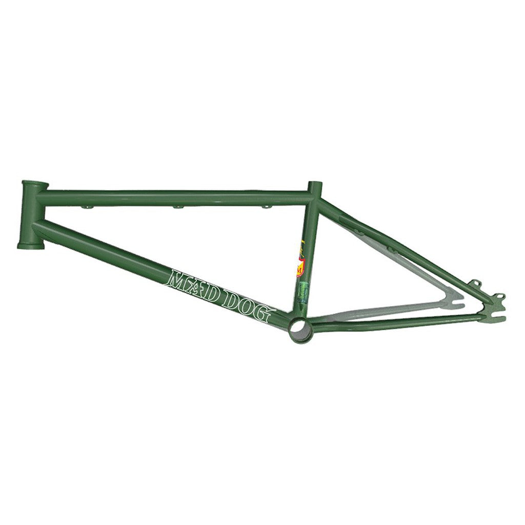 Green bicycle frame labeled "S & M Mad Dog 22 Frame," showcasing the main triangle structure with a seat tube, top tube, down tube, chainstays, and seatstays. This custom-crafted bike is built for reliability and style.