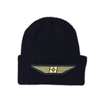 The Fit Bike Co Gold Wing Cuffed Beanie is a black knit made from hypoallergenic acrylic, featuring a bold yellow pilot wings patch on the front.