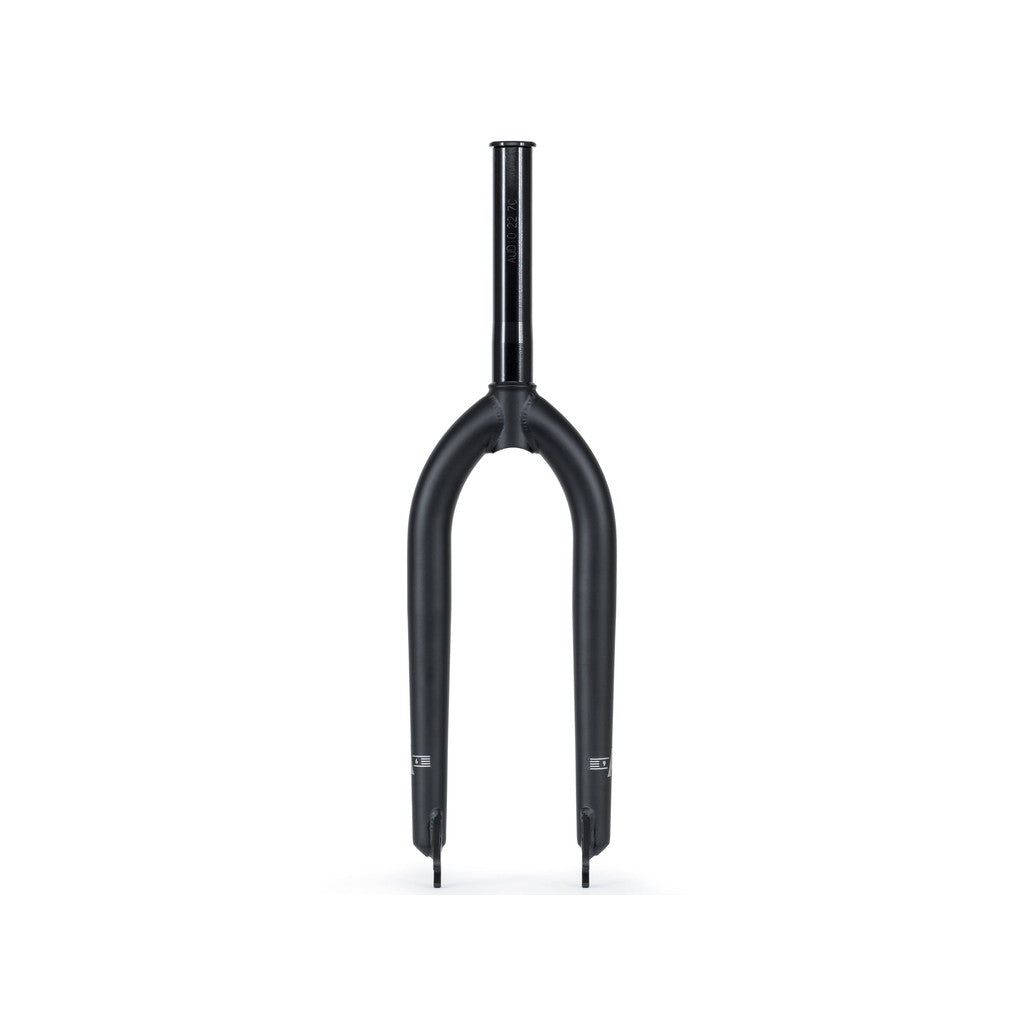 The Wethepeople Audio 22 Inch Frame/Fork Kit features a black bicycle fork, designed with a straight, cylindrical steerer tube and two dropouts at the bottom, meticulously crafted from durable chromoly for compatibility with 22" specific parts.