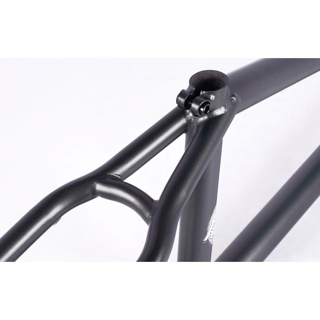 Close-up of a Cult Hawk Frame (Chase Hawk Signature) focusing on the seat tube joint, highlighting the detailed craftsmanship reminiscent of its high-quality design.