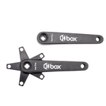 The Box FIVE Square Tapered Crankset features two black 6061 T-6 aluminum bicycle crank arms with both "box" and "box five" branding. One arm includes a spider while the other does not. This durable crankset is available in lengths ranging from 135 to 170mm.