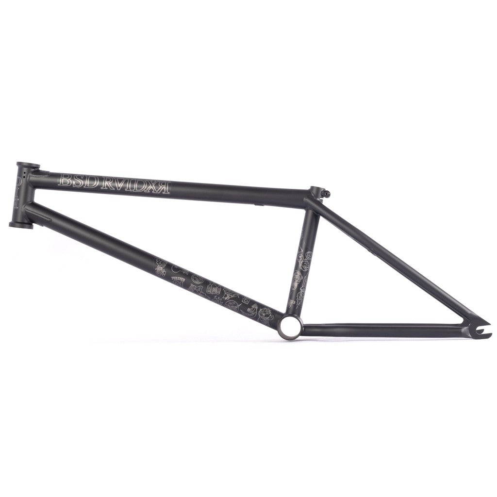 The BSD Raider V3 Frame (2022) by David Grant, featuring a black BMX frame adorned with various graphic designs and the "BSD RVIDXR" text, includes an extra wide rear end.