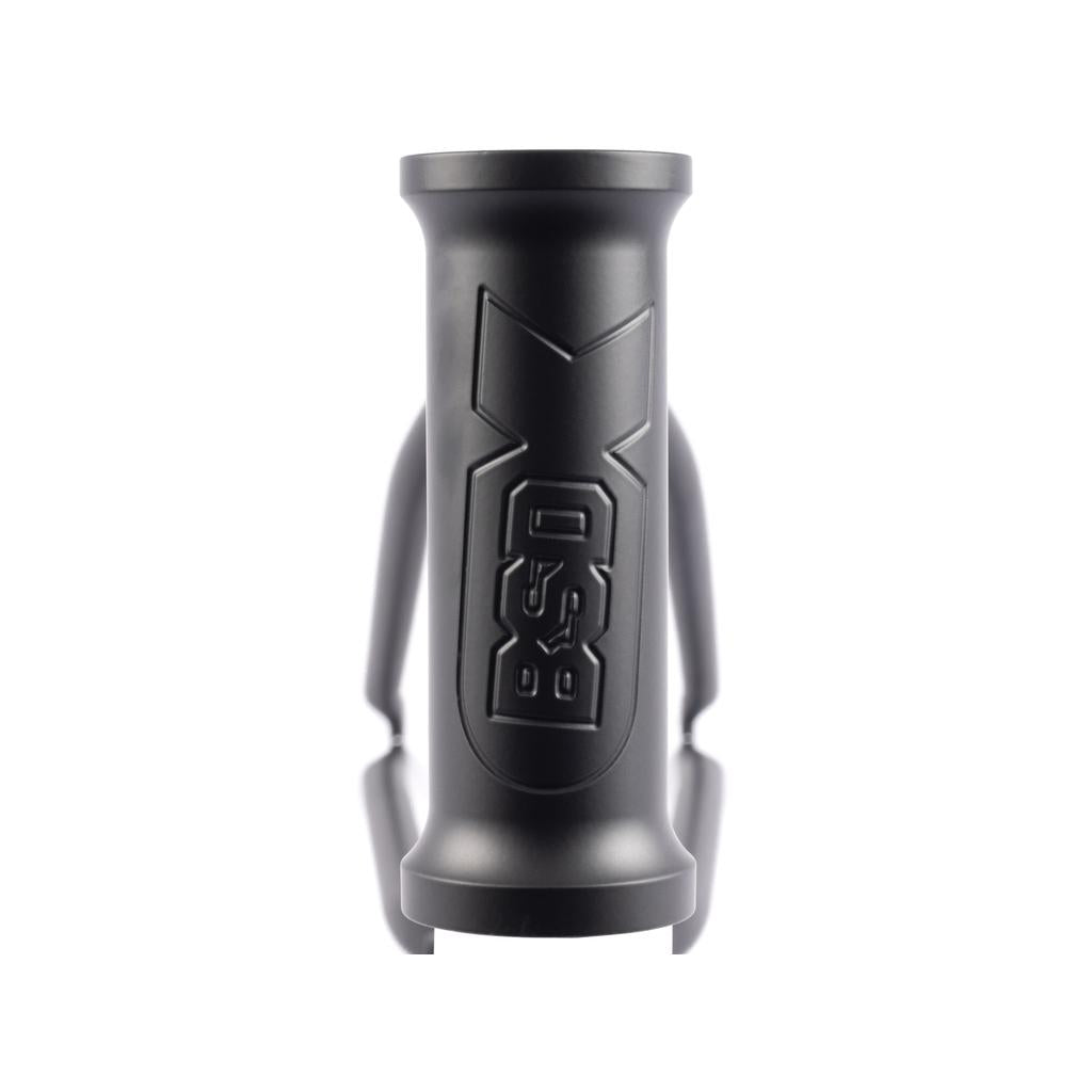 Close-up of a black cylindrical object featuring the BSD logo and geometric design, reminiscent of the sleek 2022 BSD Soulja V4 BMX frame.