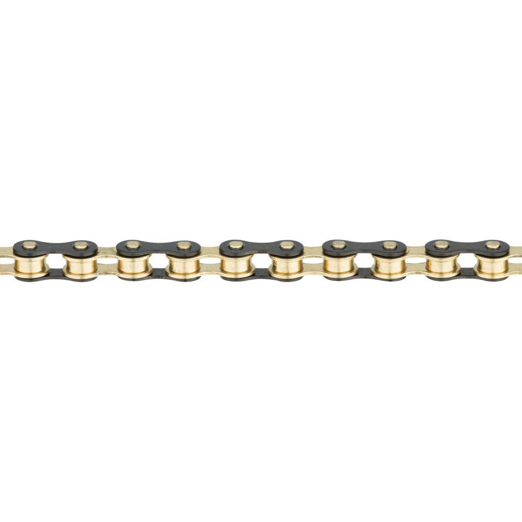 Close-up view of a metallic Izumi 1/2 x 1/8 chain with black and gold links, renowned among Japanese-made track & BMX chains, arranged horizontally on a plain white background.