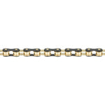 Close-up view of a metallic Izumi 1/2 x 1/8 chain with black and gold links, renowned among Japanese-made track & BMX chains, arranged horizontally on a plain white background.