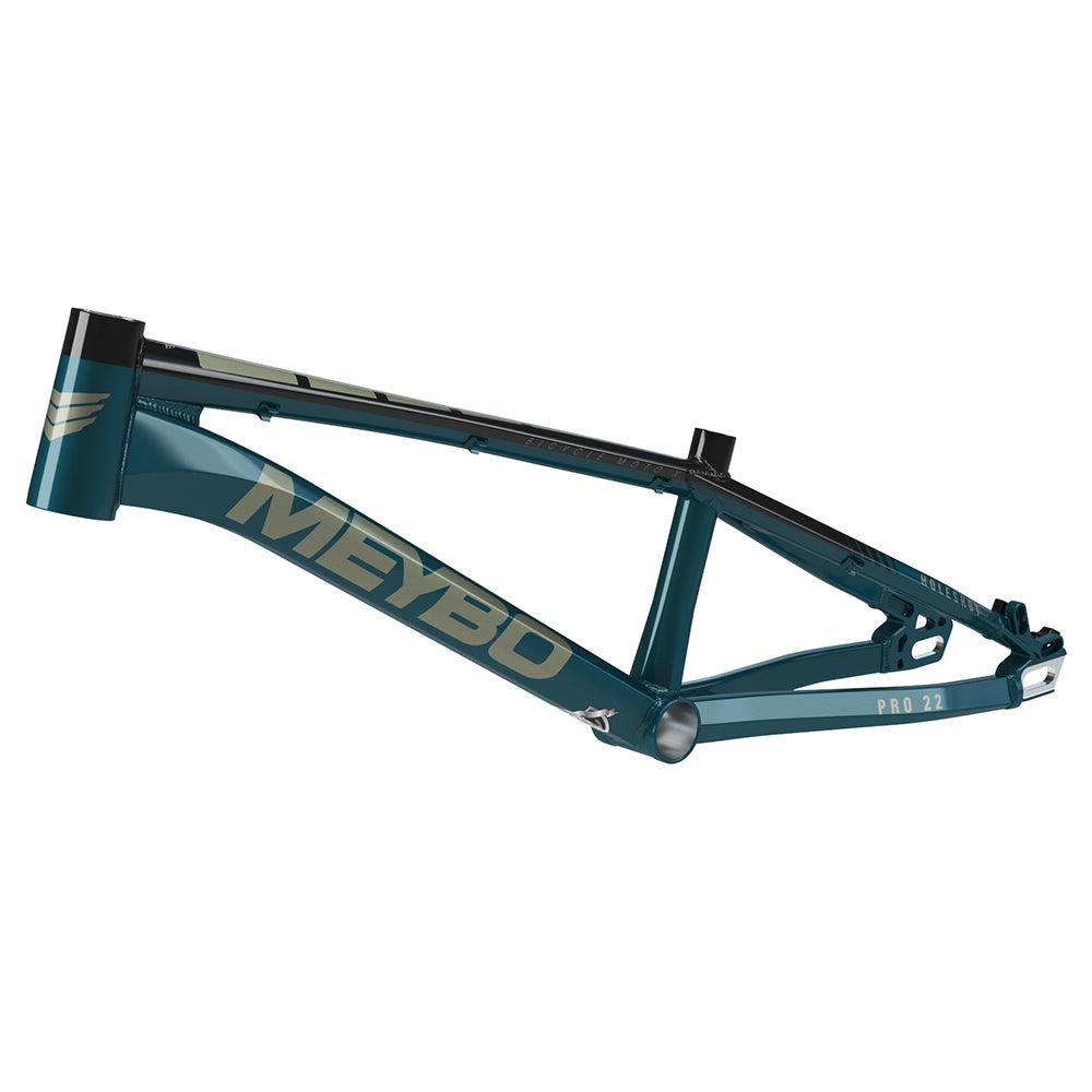 The Meybo 2025 Holeshot Junior Frame, featuring a teal color with gold branding, is perfect for BMX racing enthusiasts. Made from 6061 T-6 hydroformed materials, it delivers both style and top-notch performance on the track.