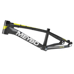 The Meybo 2025 Holeshot Junior Frame is a black and yellow BMX racing bike frame with "MEYBO" branding, featuring a sleek design and angular lines. Constructed using 6061 T-6 hydroformed technology, it offers both performance and style.