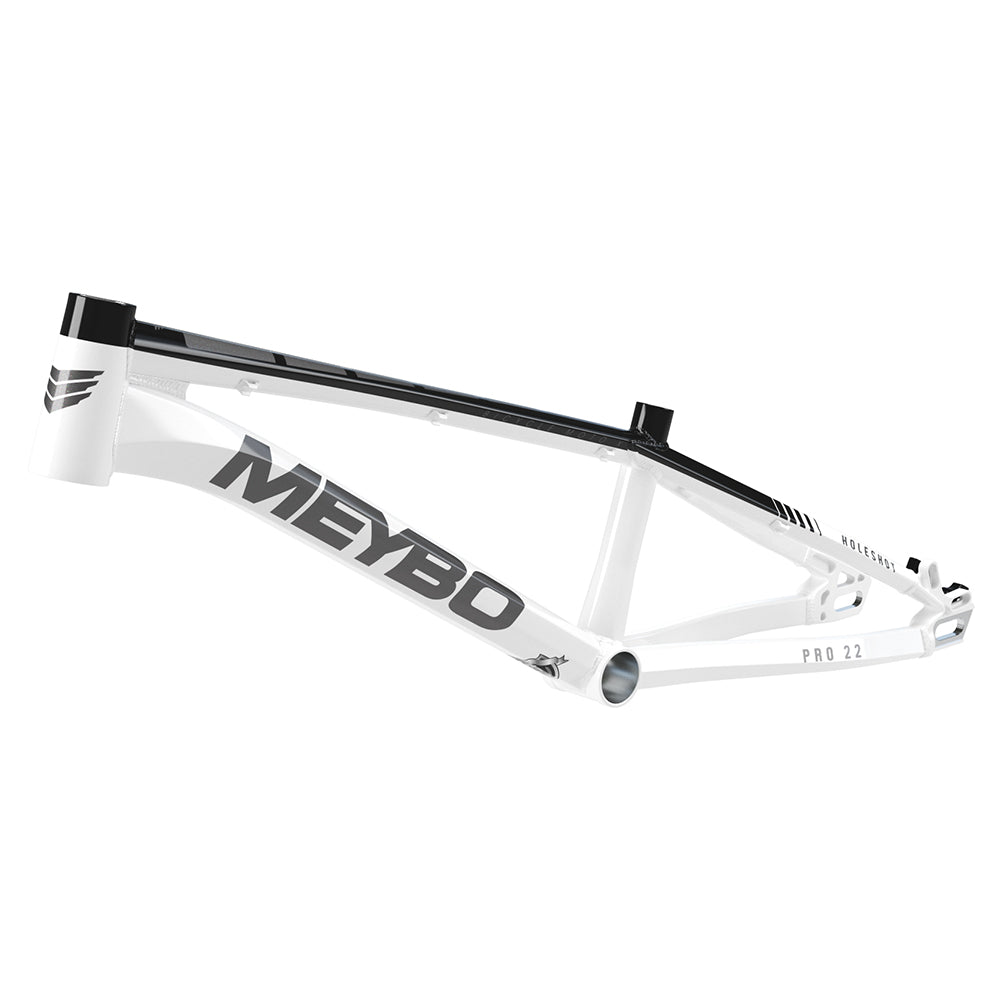 The Meybo 2025 Holeshot Junior Frame is a white BMX racing frame featuring prominent "MEYBO" branding, crafted from strong and durable 6061 T-6 hydroformed aluminum. Experience its high performance on the track.