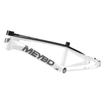 The Meybo 2025 Holeshot Junior Frame is a white BMX racing frame featuring prominent "MEYBO" branding, crafted from strong and durable 6061 T-6 hydroformed aluminum. Experience its high performance on the track.