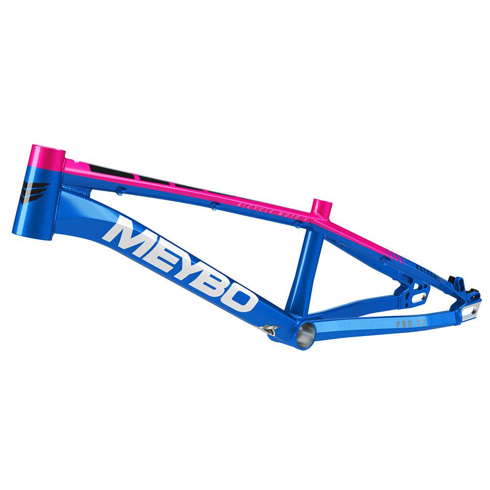 The Meybo 2025 Holeshot Junior Frame boasts a bold blue and pink design, made from 6061 T-6 hydroformed aluminum, with "Meybo" clearly shown on the side.